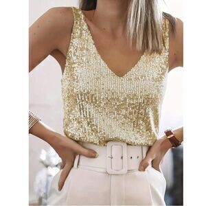 All Over Sequin Champagne Gold V-Neck Cami Top